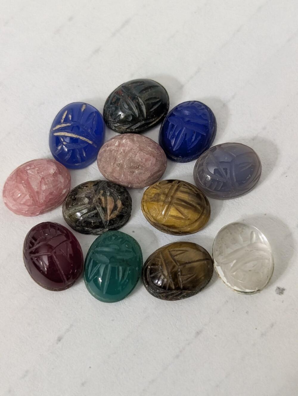 Carved Scarab Cabochons Lot of 12 Multicolor Stone Glass Jewelry Supplies Lot #7